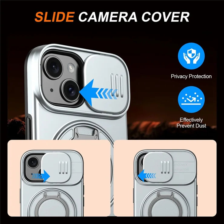 iPhone 15 Plus  /  14 Plus Ring Kickstand Slide Camera Cover TPU PC Hybrid Phone Shell - Grey