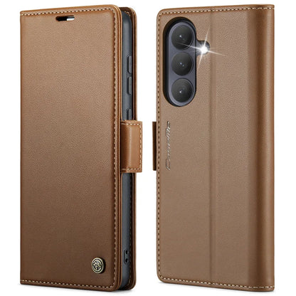 CASEME Samsung Galaxy S26+ -suojakuori, 023-sarjan RFID-suojattu, kiiltävä jalustallinen puhelinkuori – ruskea