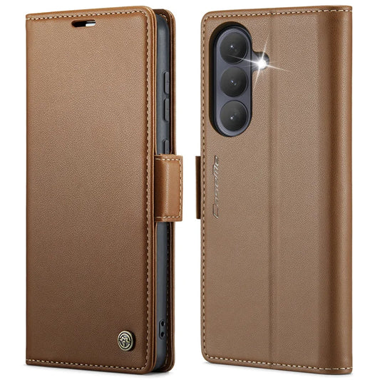 CASEME til Samsung Galaxy S26+ cover, 023-serien, RFID-blokerende glansfuldt stander telefoncover - brun