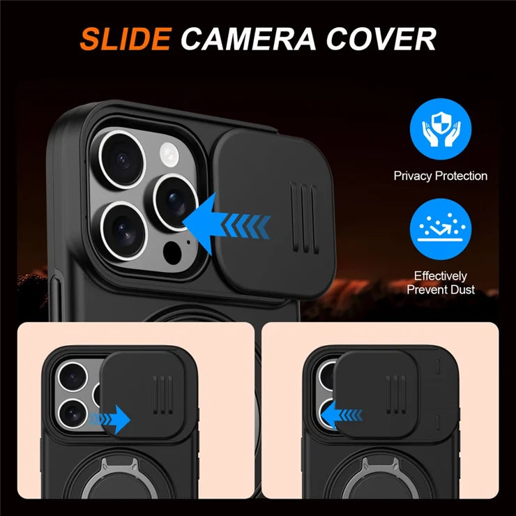 iPhone 16 Pro Case Magnetic Case Ring Kickstand Slide Camera Cover TPU PC Hybrid Phone Shell - Black
