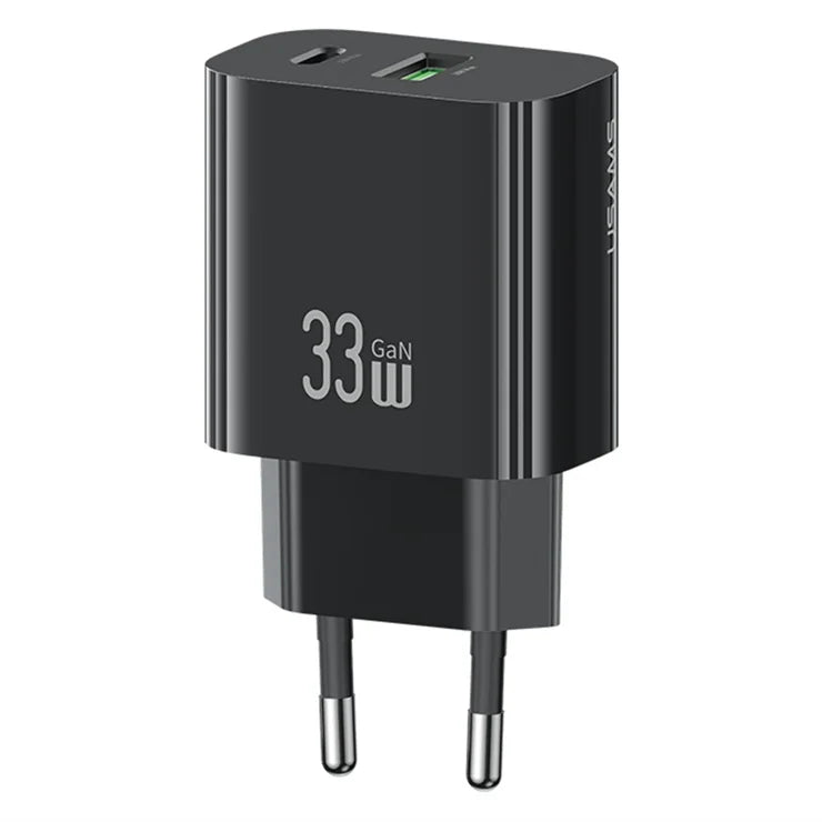 USAMS CC317 T65 33W Lynlader til iPhone 8-16-serien Dual Ports USB-A + USB-C GaN Strømadapter - EU Stik / Sort