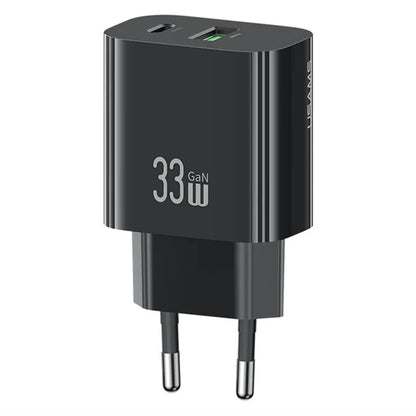 USAMS CC317 T65 33W Lynlader til iPhone 8-16-serien Dual Ports USB-A + USB-C GaN Strømadapter - EU Stik / Sort