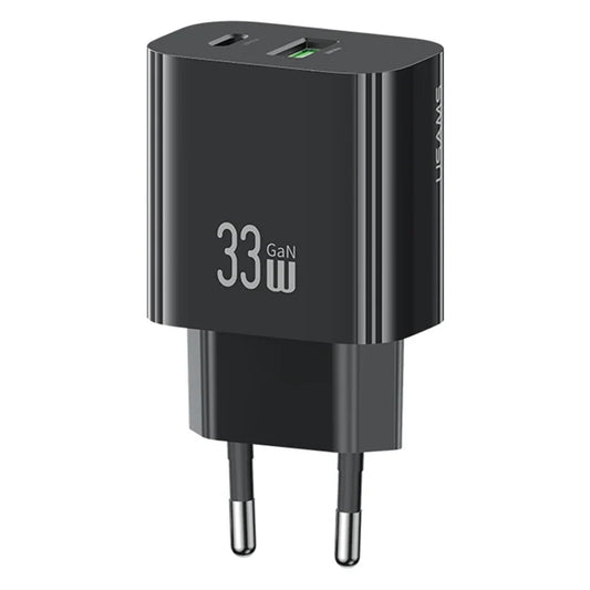 USAMS CC317 T65 33W Fast Charger for iPhone 8-16 Series Dual Ports USB-A + USB-C GaN Power Adapter - EU Plug / Black