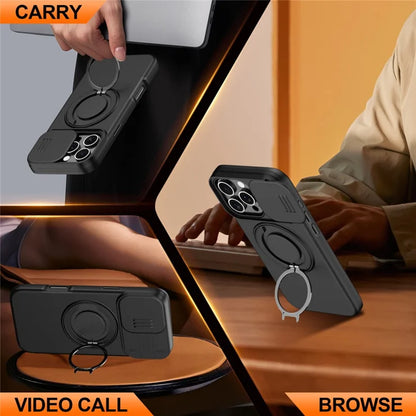 iPhone 16 Pro Case Magnetic Case Ring Kickstand Slide Camera Cover TPU PC Hybrid Phone Shell - Black