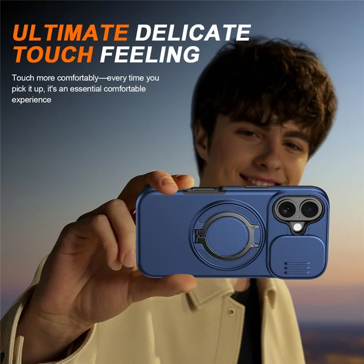 iPhone 17 Case Magnetic Case Ring Kickstand Slide Camera Cover TPU PC Hybrid Phone Shell - Blue