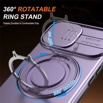 iPhone 15 Case Magnetic Case Ring Kickstand Slide Camera Cover TPU PC Hybrid Phone Shell - Purple