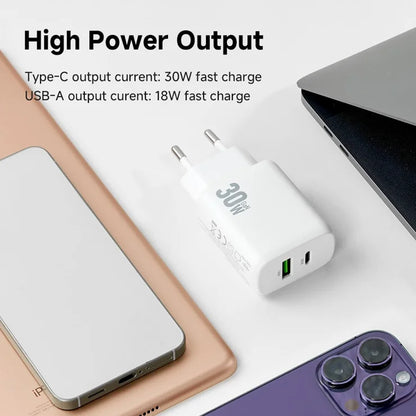 AMORUS PD 30W Type-C + QC 18W USB-A kaksiporttinen GaN-virtalähde, pikalatausseinälaturi puhelimelle ja tabletille – EU-pistoke