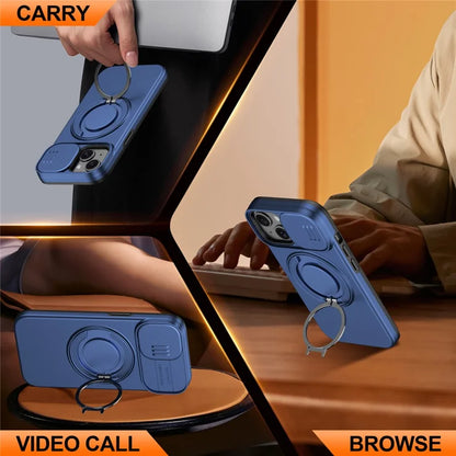 iPhone 15 Case Magnetic Case Ring Kickstand Slide Camera Cover TPU PC Hybrid Phone Shell - Blue