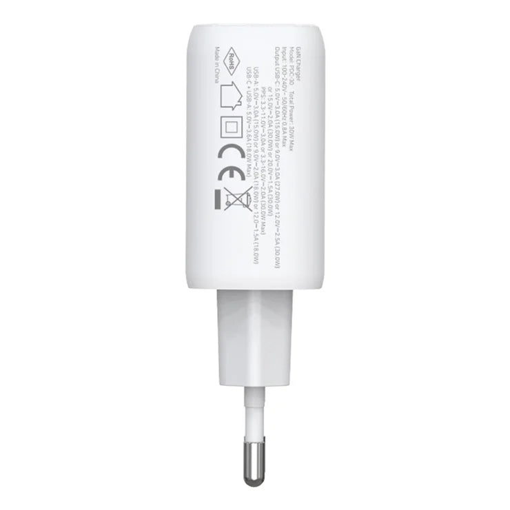 AMORUS PD 30W Type-C + QC 18W USB-A kaksiporttinen GaN-virtalähde, pikalatausseinälaturi puhelimelle ja tabletille – EU-pistoke