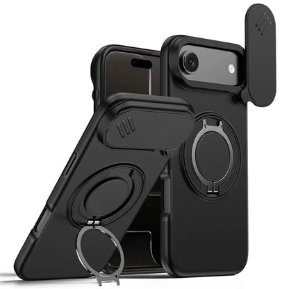 iPhone Air Magnetic Case Ring Kickstand Slide Camera Cover TPU PC Hybrid Phone Shell - Black