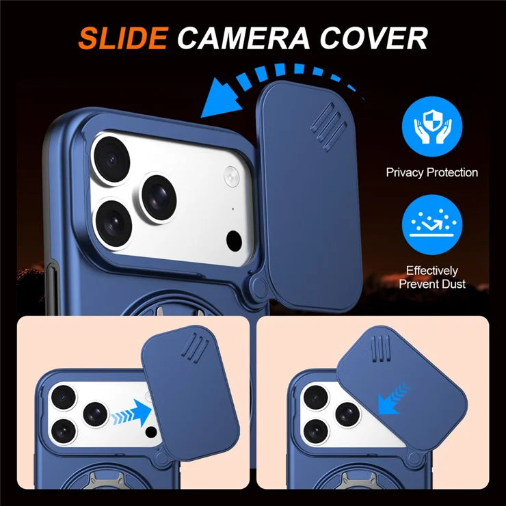 iPhone 17 Pro Max Magnetic Case Ring Kickstand Slide Camera Cover TPU PC Hybrid Phone Shell - Blue
