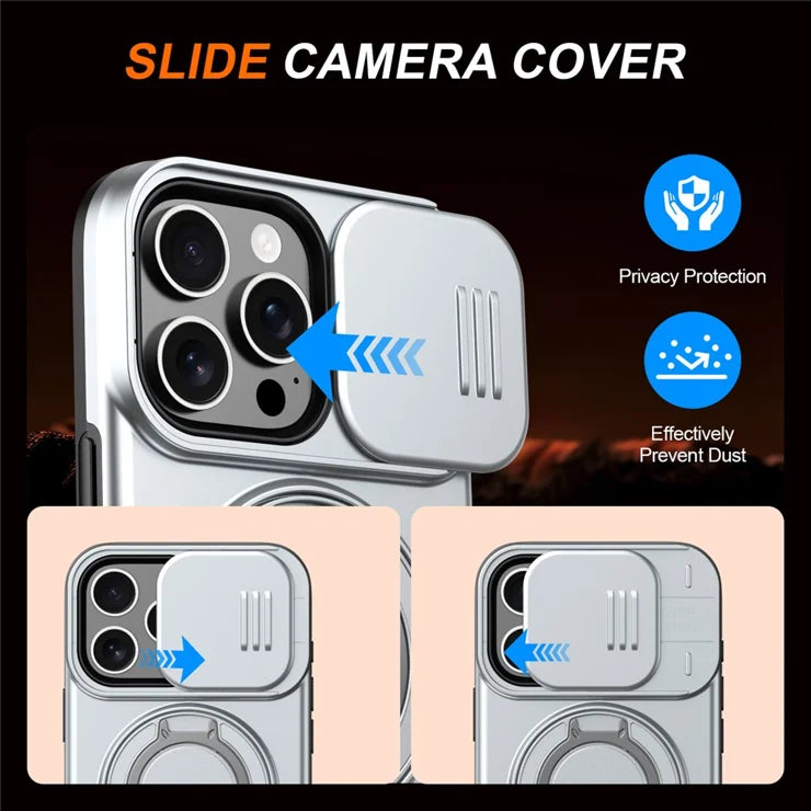 iPhone 16 Pro Cover Magnetisk Cover Ring Støtteben Skydbart Kameralåg TPU PC Hybrid Telefoncover - Sølv