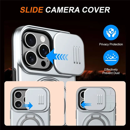 iPhone 16 Pro Cover Magnetisk Cover Ring Støtteben Skydbart Kameralåg TPU PC Hybrid Telefoncover - Sølv