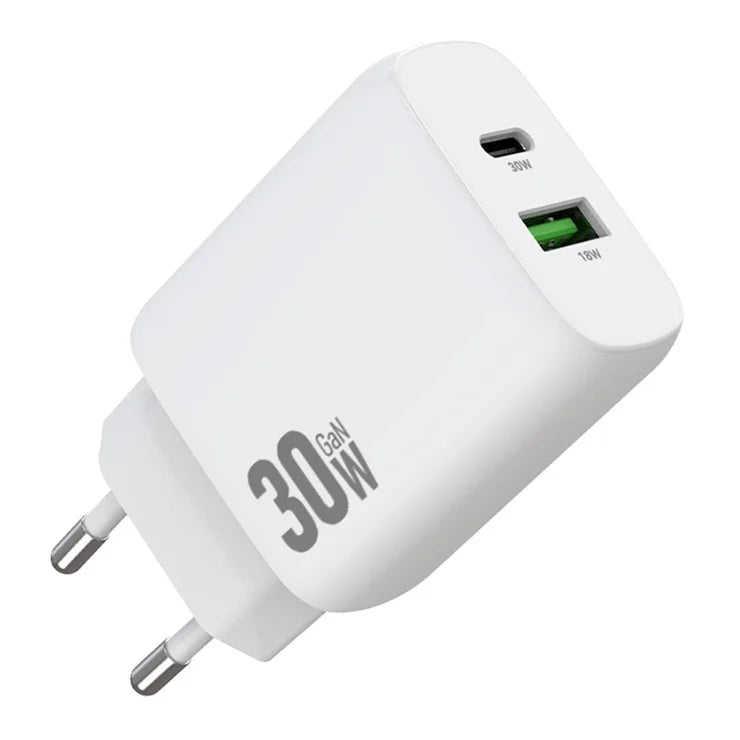AMORUS PD 30W Type-C + QC 18W USB-A kaksiporttinen GaN-virtalähde, pikalatausseinälaturi puhelimelle ja tabletille – EU-pistoke