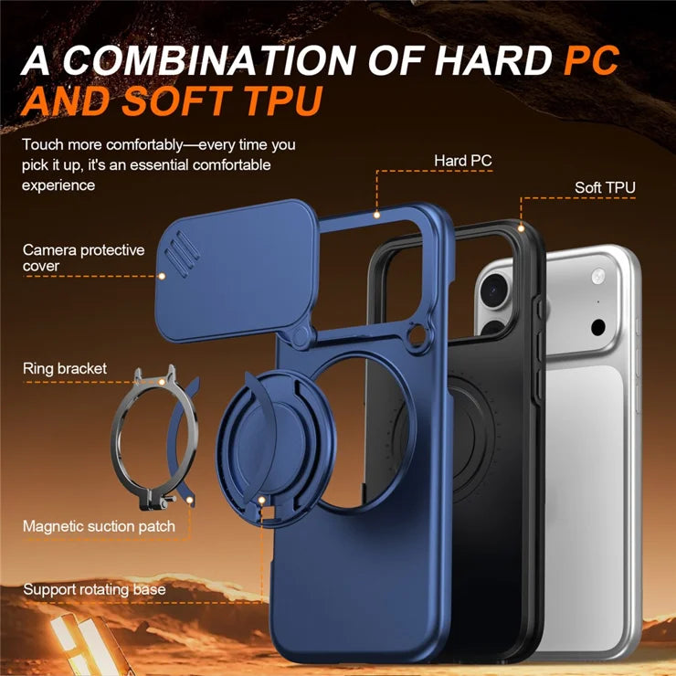 iPhone 17 Pro Max Magnetic Case Ring Kickstand Slide Camera Cover TPU PC Hybrid Phone Shell - Blue