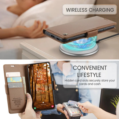 CASEME Samsung Galaxy S26+ -suojakuori, 023-sarjan RFID-suojattu, kiiltävä jalustallinen puhelinkuori – ruskea