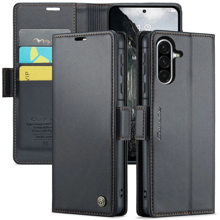 CASEME For Samsung Galaxy A56 5G Leather Case  023 RFID Blocking 3 Card Slot Mobile Cover - Black