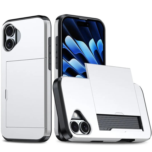 AMORUS Til iPhone 17 Etui med Skydbart Kortholder PC TPU Telefon Bagcover - Sølv