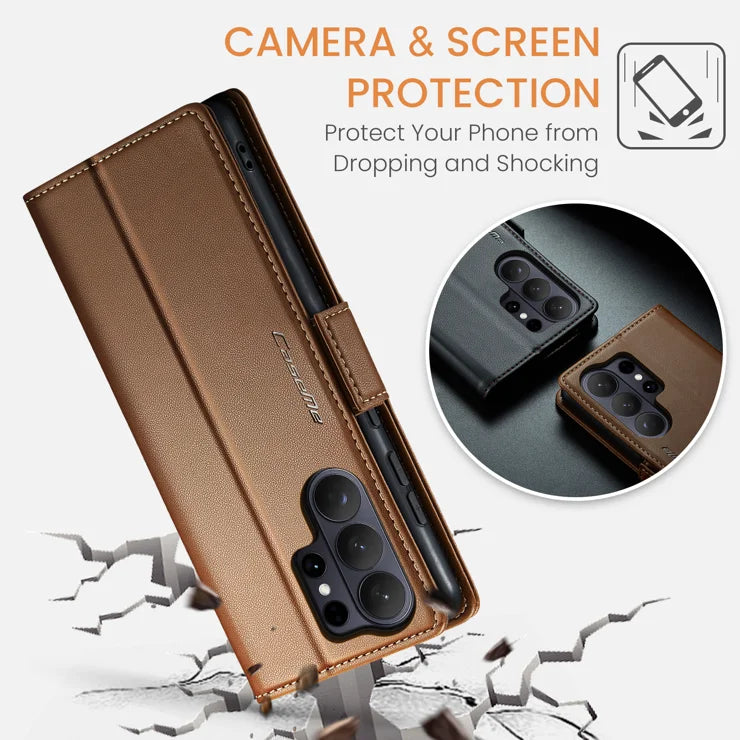 CASEME For Samsung Galaxy S26 Ultra Case  023 Series RFID Blocking Glossy Stand Phone Cover - Brown