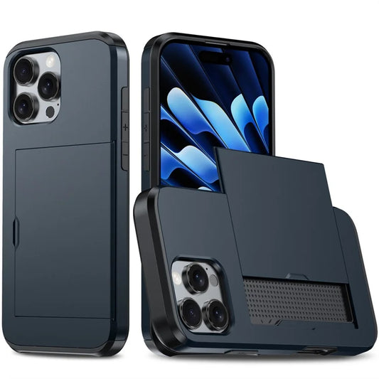 AMORUS til iPhone 16 Pro Cover med Skydende Kortholder PC TPU Telefon Bagcover - Marineblå