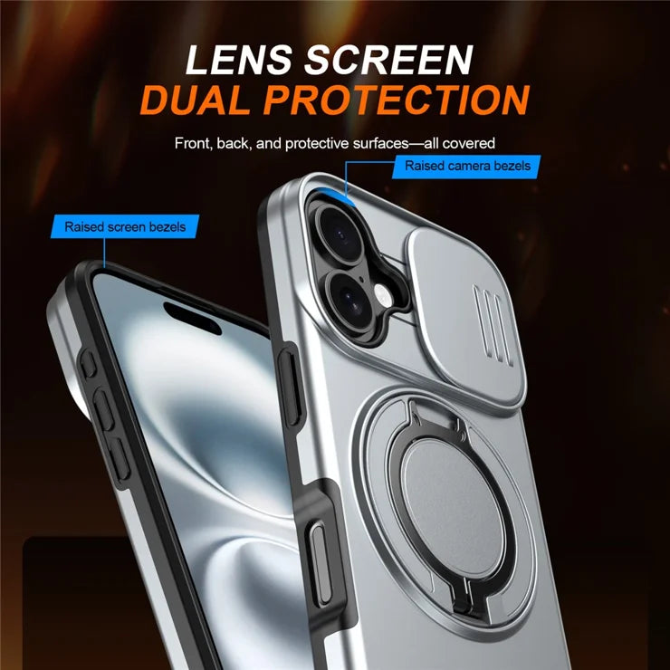iPhone 17 Case Magnetic Case Ring Kickstand Slide Camera Cover TPU PC Hybrid Phone Shell - Grey