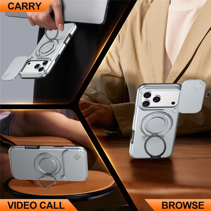 iPhone 17 Pro Magnetic Case Ring Kickstand Slide Camera Cover TPU PC Hybrid Phone Shell - Grey