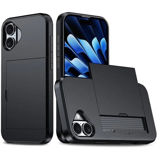 AMORUS Cover til iPhone 16 med skydbar kortholder PC TPU Telefonbagcover - Sort